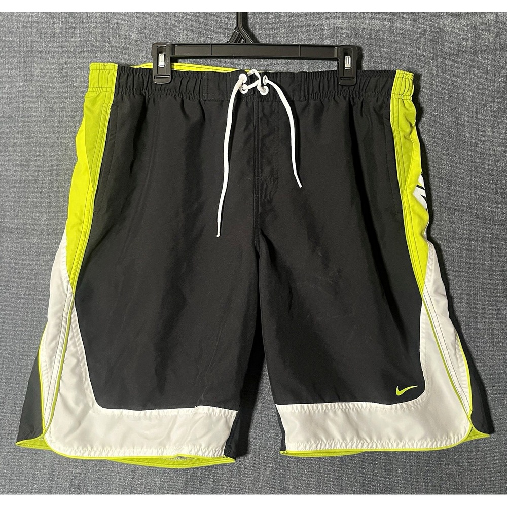 Nike Men's Colorblock Swim Trunks Size L Black Green White Logo Drawstring Lined
